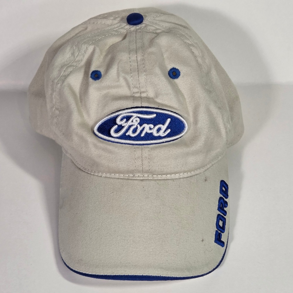 Ford Hat Tan Khaki Blue Embroidered Logo Baseball Cap Adjustable Strapback Mens